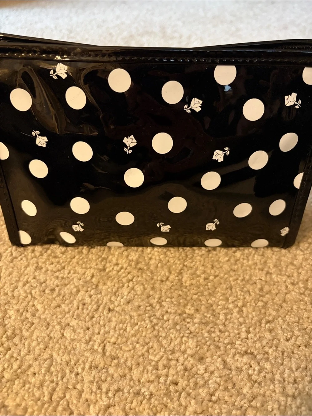 Lancome Black & White Rose Polka Dot Glossy Wristlet Pouch/Cosmetic Bag NWOT